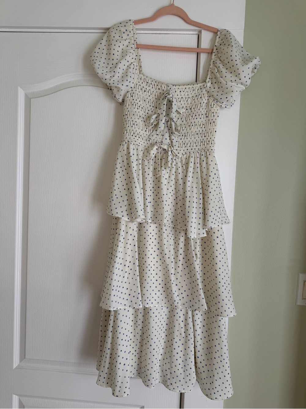Francesca’s light blue and Cream Polka Dot Tiered Dress